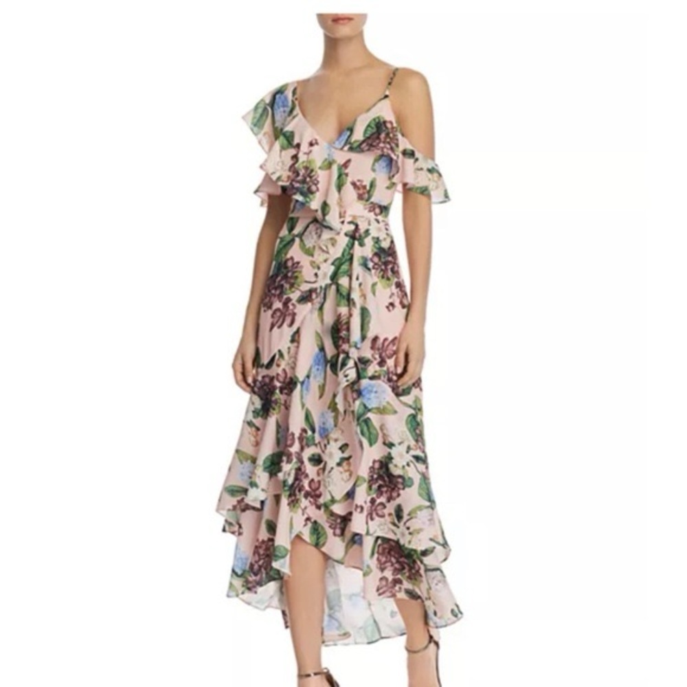 Floral Ruffle Cold-Shoulder Maxi Dress - Pink